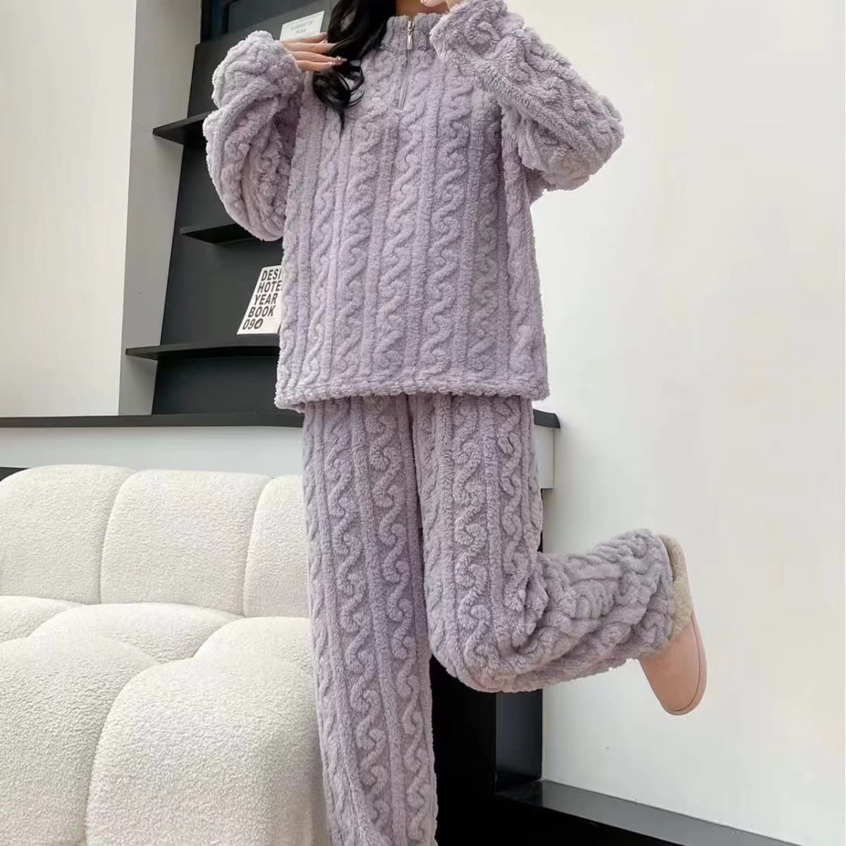 Autumn And Winter New Twist Zipper Couple Fleece-lined Thick Coral Fleece Pajamas Homewear Loungewear Sleepwear For Sleeping view 3