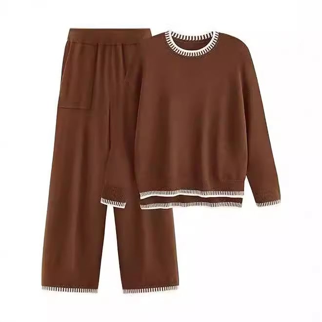 Sweater Knit Casual Long Sleeve Pullover Wide Leg Pants Suit view 1