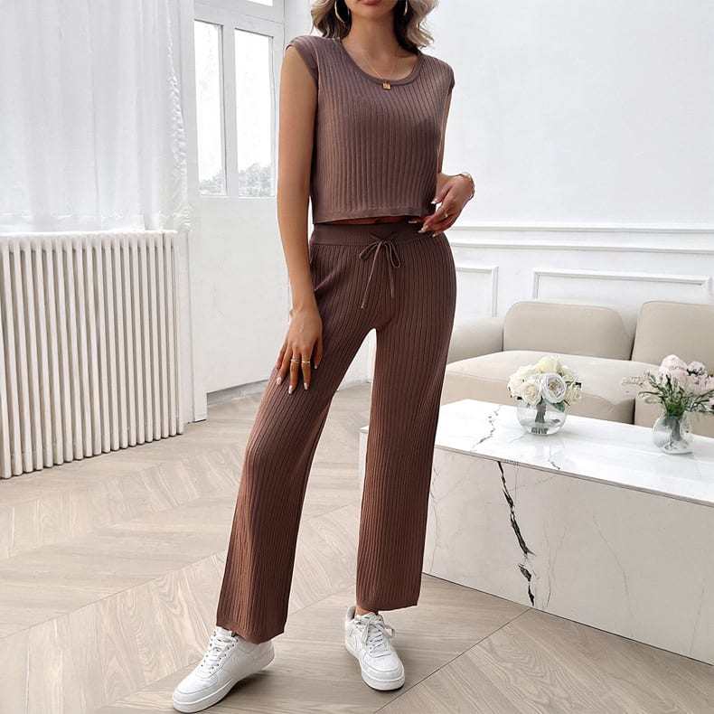 Casual Slim-fit Solid Color Woolen Sleeveless Bm Top Cropped Pants Set view 2