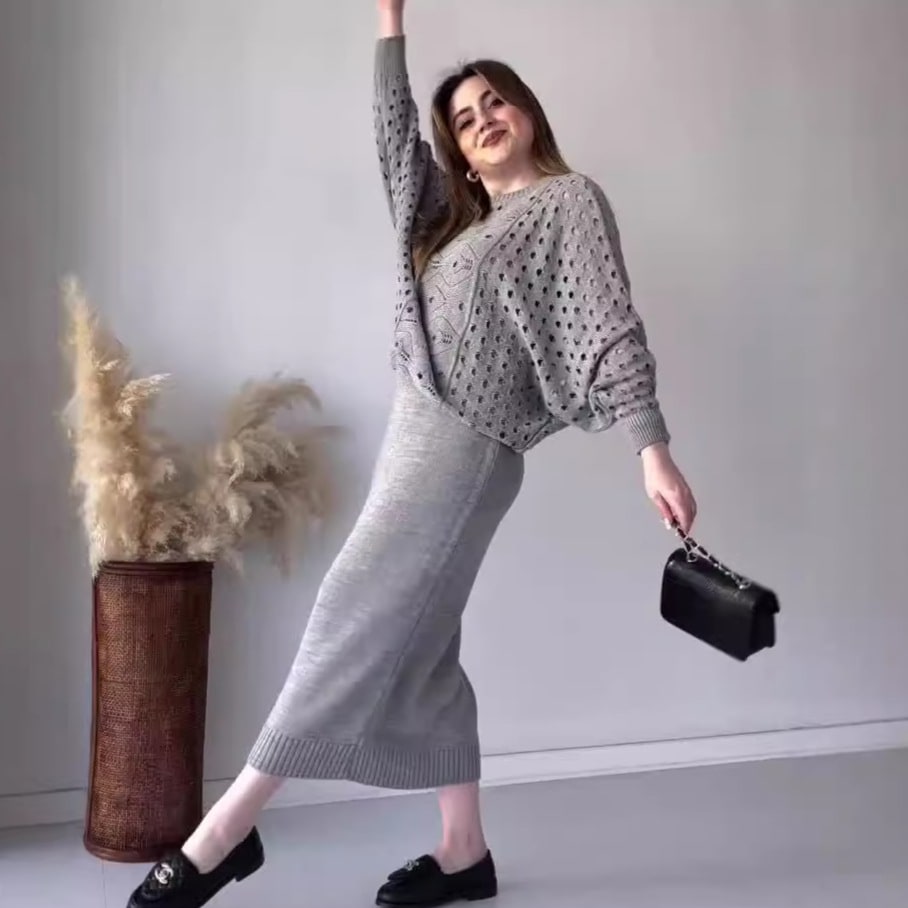 Autumn New Solid Color Hollow Round Neck Top Casual Knitted Skirt Suit view 8