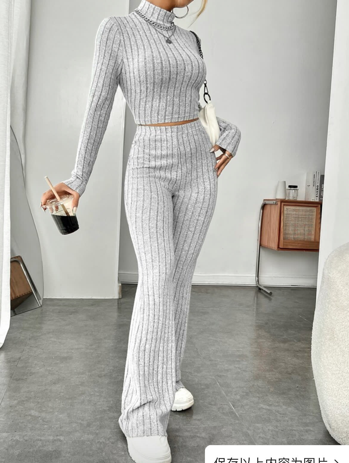 Long Sleeve Turtlenecks Wide Leg High Waist Trousers Suit view 8