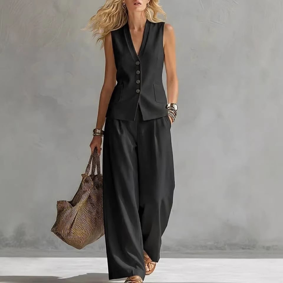 Two-piece V-Neck Sleeveless Vest And Wide Leg Pants For Women Summer Solid-Colored Sleeveless Casual Linen Tank Top And Pants Set view 4