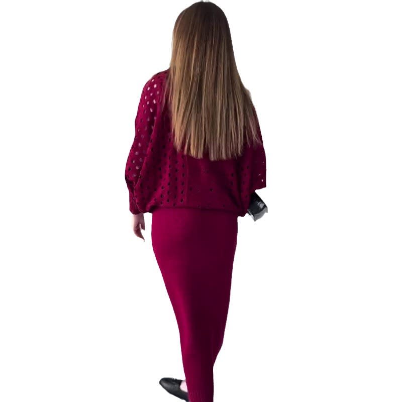 Autumn New Solid Color Hollow Round Neck Top Casual Knitted Skirt Suit view 7