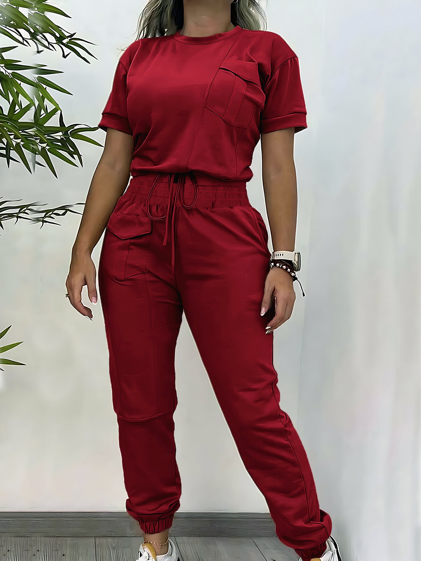 Workwear Casual Round Neck Short Sleeve Trousers Two-piece Set view 3