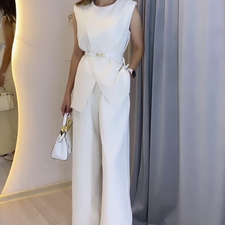 Solid Color Round Neck Sleeveless Top High Waist Wide Leg Pants Two-piece Set view 13