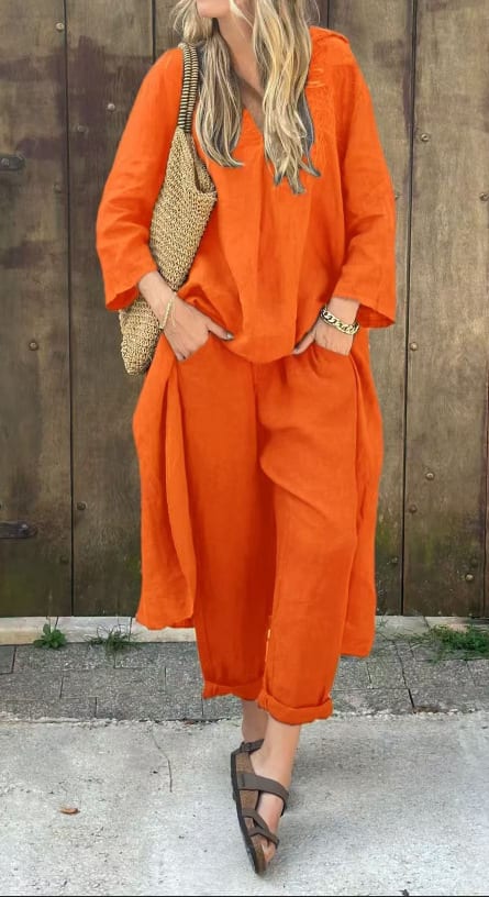 2pcs Long-sleeved Suits Loose V-neck Long Top And High Waist Wide Leg Pants With Pockets Women's Clothing view 12