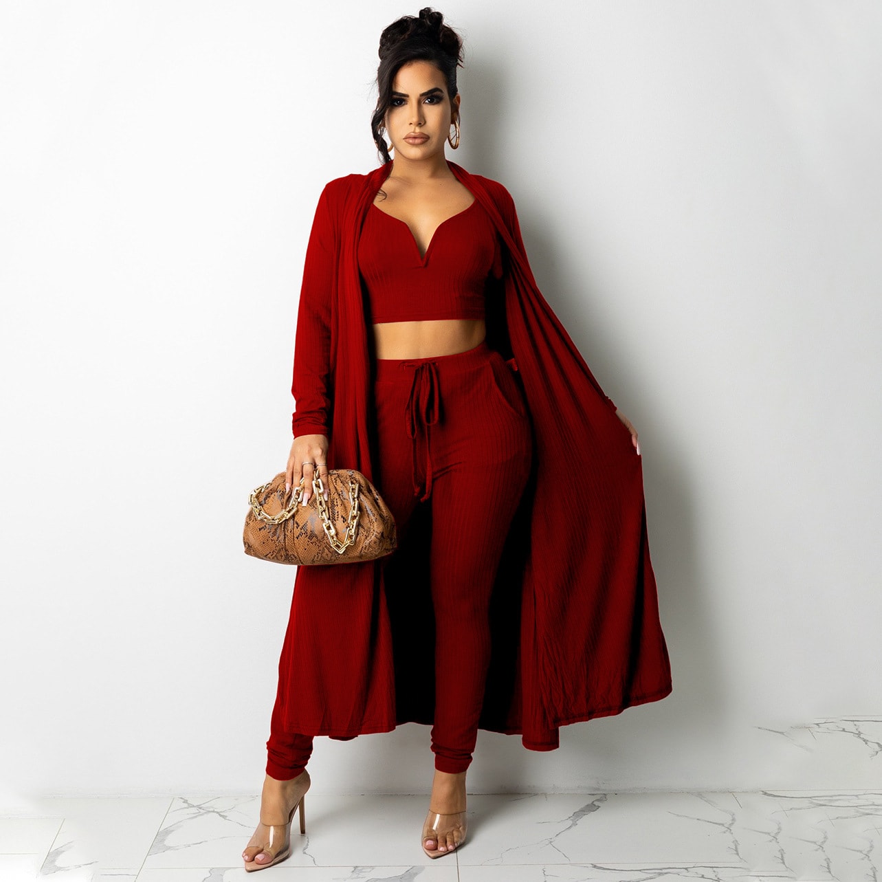 Solid Color Ribbed V-neck Vest Long Women's Pants Sportswear Suit view 2