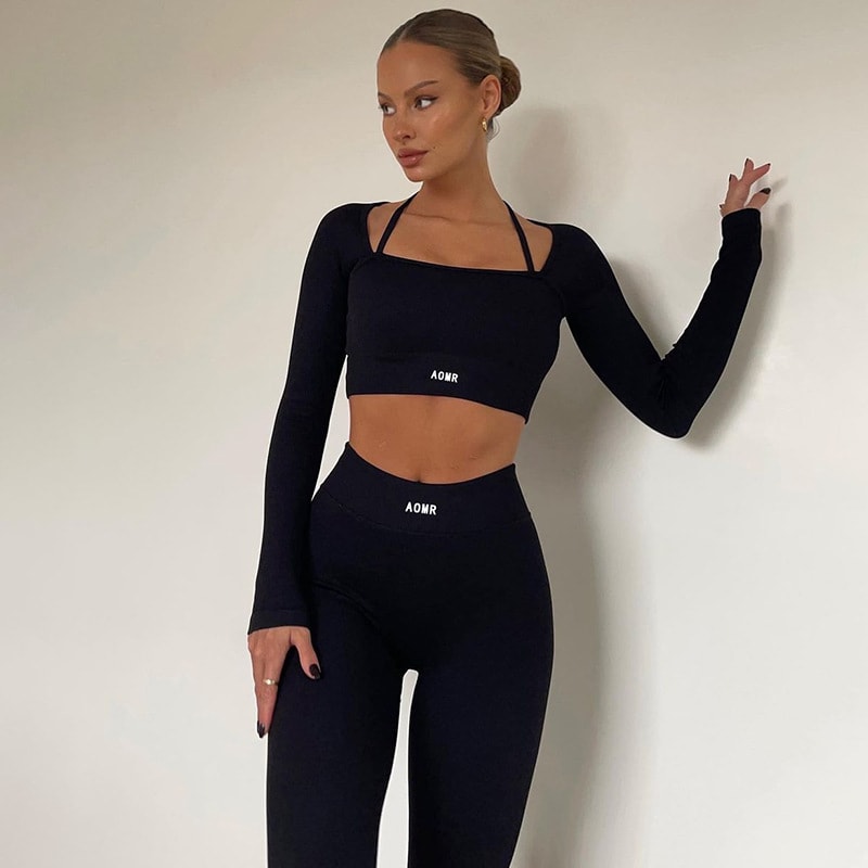 Solid Color Knitted Letter Body-hugging Suit Round Neck Long Sleeve Short Top High Waist Skinny Leggings Two-piece Set view 18
