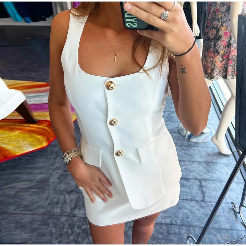 Single-breasted Square Collar Sleeveless Top Slim Fit Sheath Sexy Fashion Two-piece Suit view 11
