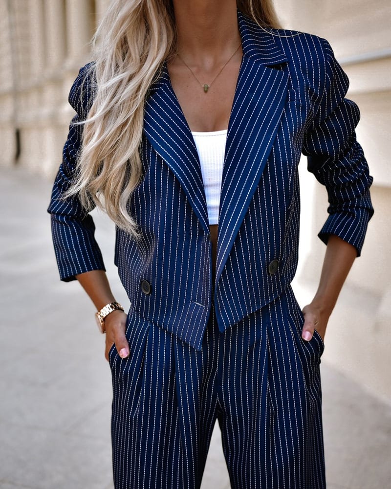 Women's Spring Fashion Striped Suits Casual Lapel Long Sleeve Cropped Top And Straight Pants Outfits Women's Clothing view 10
