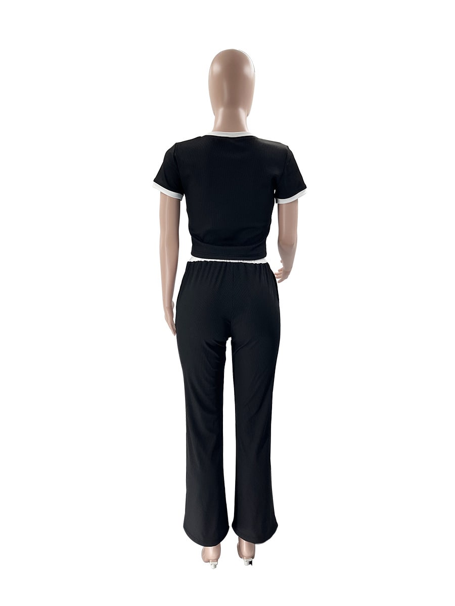 Round Neck Contrast Color Women's Fashion Casual Wide-leg Pants Sports Suit view 13