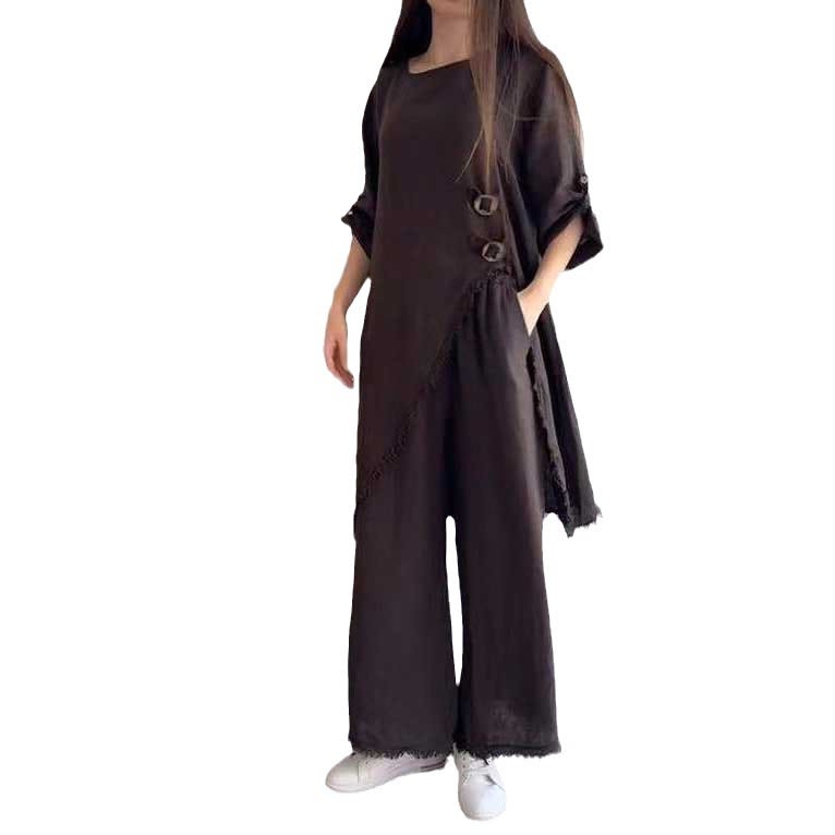 Loose And Irregular Half Sleeve Mid-length Top Loose-fitting Wide-leg Trousers view 11