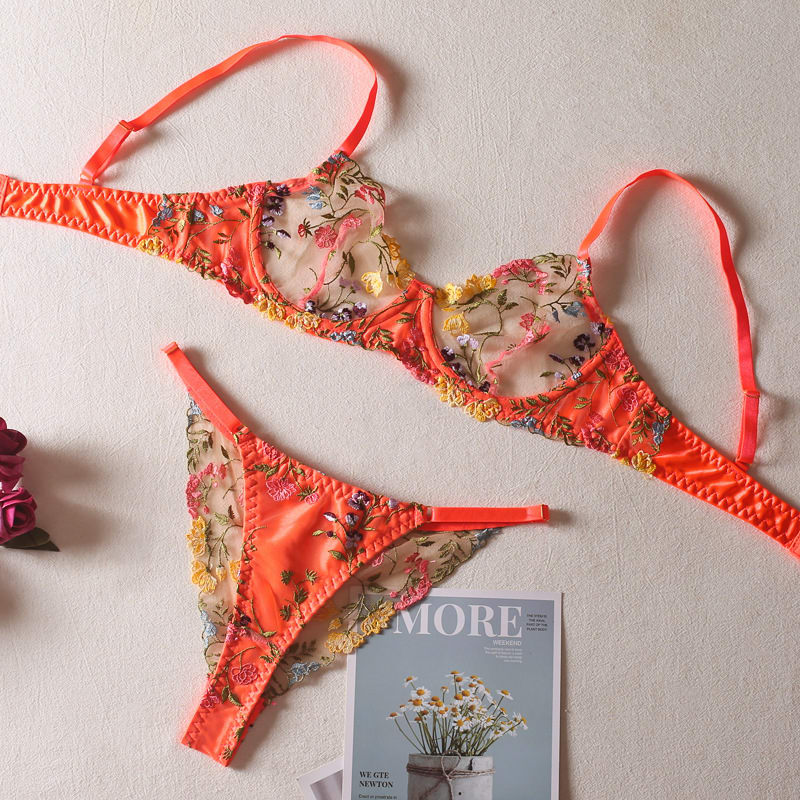 Flowers See-through Embroidered Ribbon Steel Ring Underwear Suit view 2
