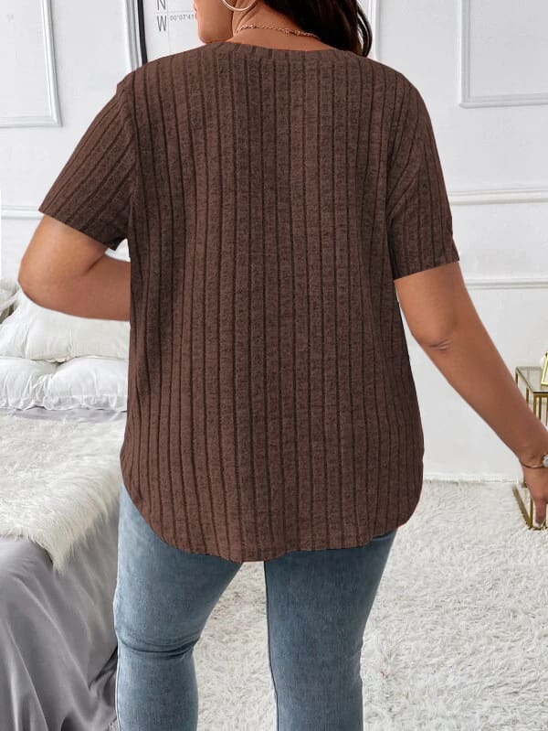 Solid Color Plus Size Women's Clothes Top V-neck Sunken Stripe Short Sleeve T-shirt view 18