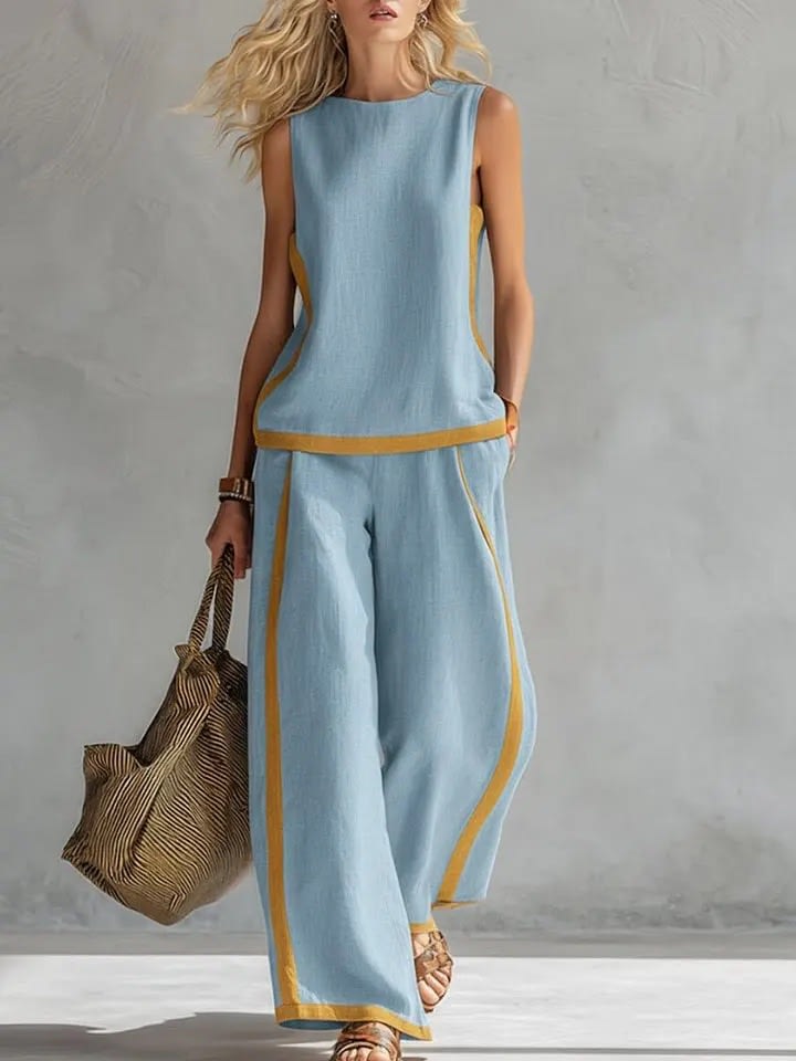 Summer Suits Round-neck Sleeveless Vest Top And High-waist Wide-leg Pants Casual Loose Set view 10