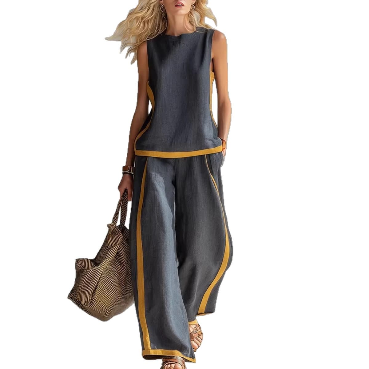 Summer Suits Round-neck Sleeveless Vest Top And High-waist Wide-leg Pants Casual Loose Set view 2