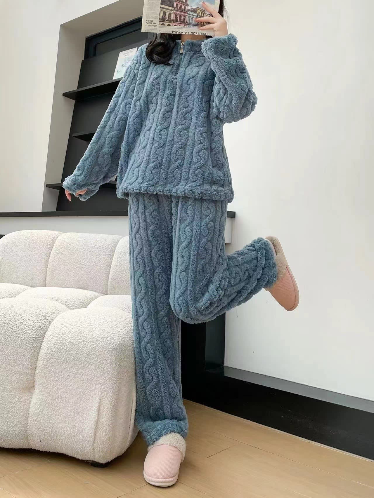 Autumn And Winter New Twist Zipper Couple Fleece-lined Thick Coral Fleece Pajamas Homewear Loungewear Sleepwear For Sleeping view 9