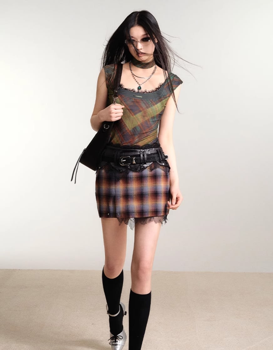 Plaid Lace Print Stitching Skin-friendly Knitted Flying Sleeve Top view 5