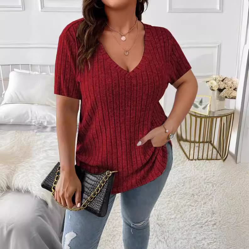 Solid Color Plus Size Women's Clothes Top V-neck Sunken Stripe Short Sleeve T-shirt view 2
