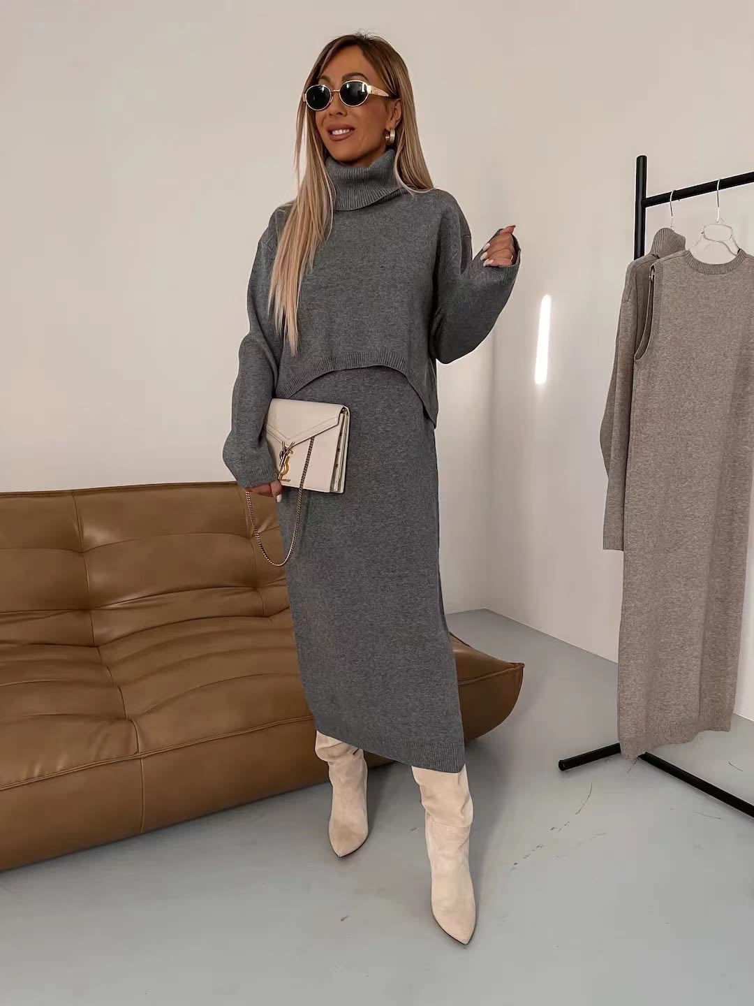 2pcs Sweater Suit Winter Fashion Turtleneck Pullover And Sleeveless Long Dress Womens Clothing view 8