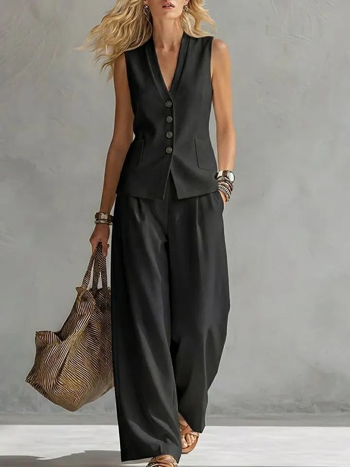Two-piece V-Neck Sleeveless Vest And Wide Leg Pants For Women Summer Solid-Colored Sleeveless Casual Linen Tank Top And Pants Set