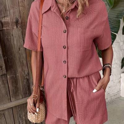 Summer Cardigan Button Short Sleeve Solid Color Shorts Suit view 11