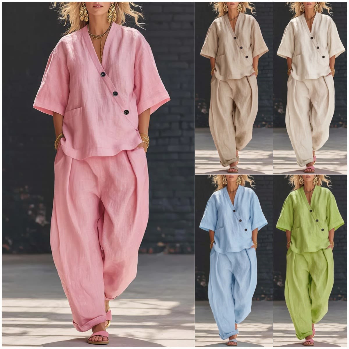 Summer Short-sleeved Suits Loose-fit V-neck Top And High-waist Trousers Women's Two-piece Set view 7