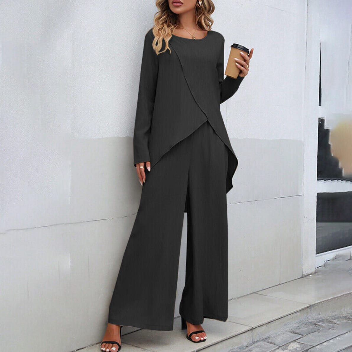 Women's Fashion Long Sleeve Irregular Hem Top Elastic Waist Wide Leg Trousers Two-piece Set view 5