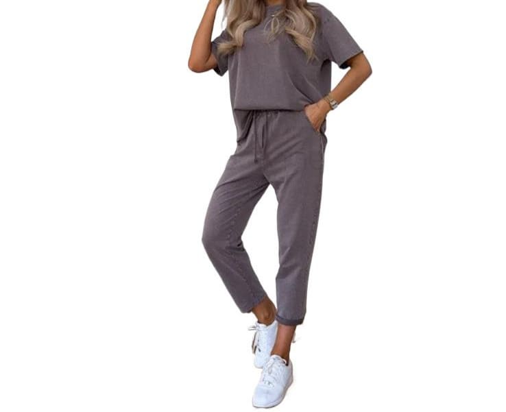 Solid Color Short-sleeved Cropped Pants Casual 2-piece Set view 4
