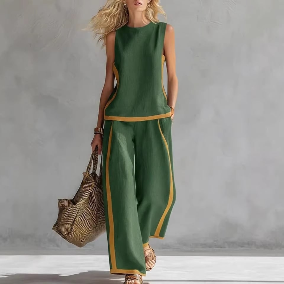 Summer Suits Round-neck Sleeveless Vest Top And High-waist Wide-leg Pants Casual Loose Set view 4