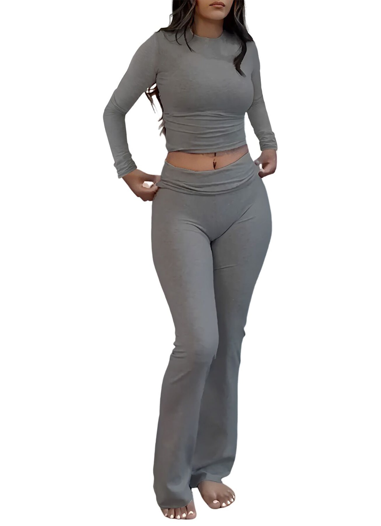 Round Neck Long Sleeve Low Waist Bell-bottom Pants Sportswear Suit view 5