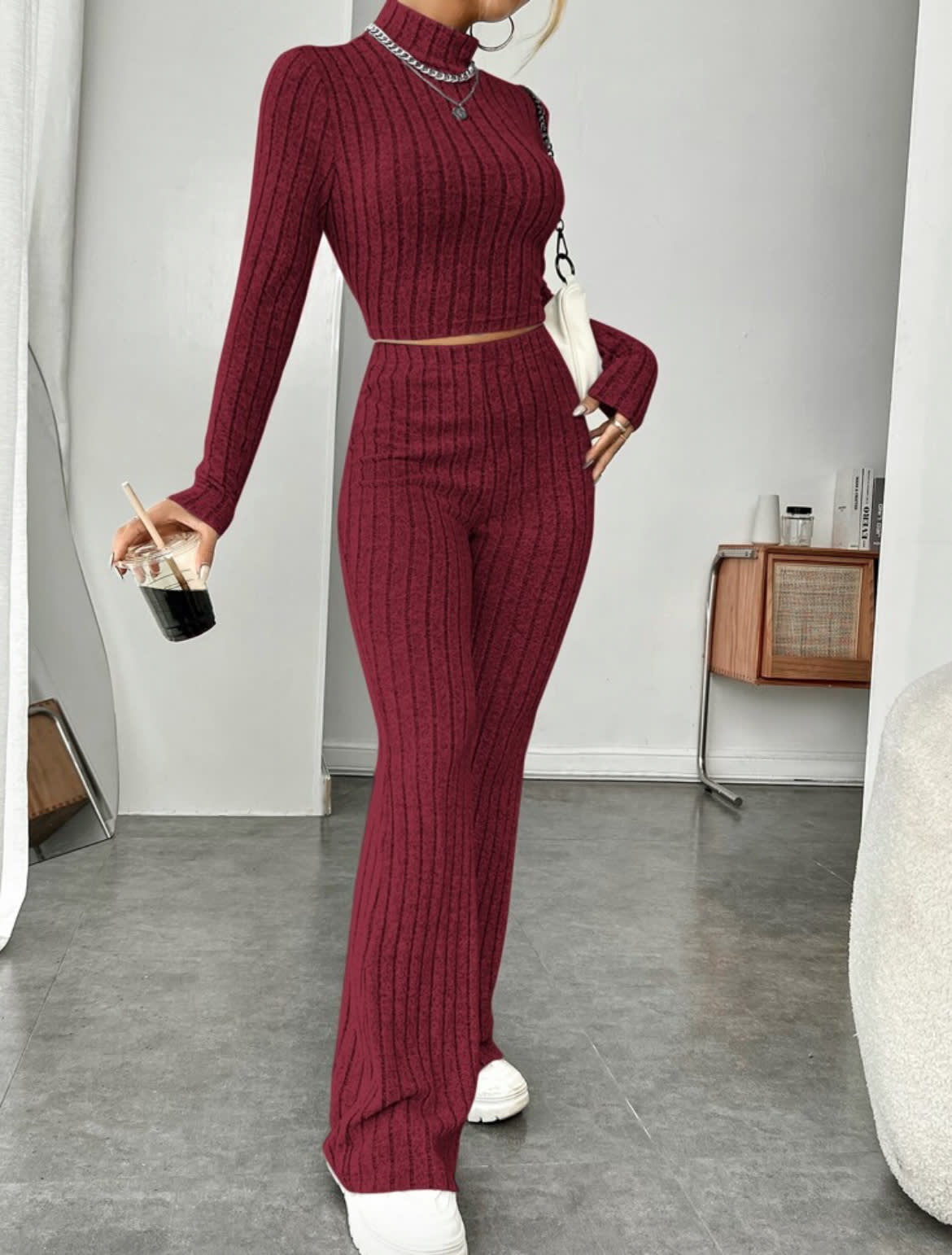 Long Sleeve Turtlenecks Wide Leg High Waist Trousers Suit view 4