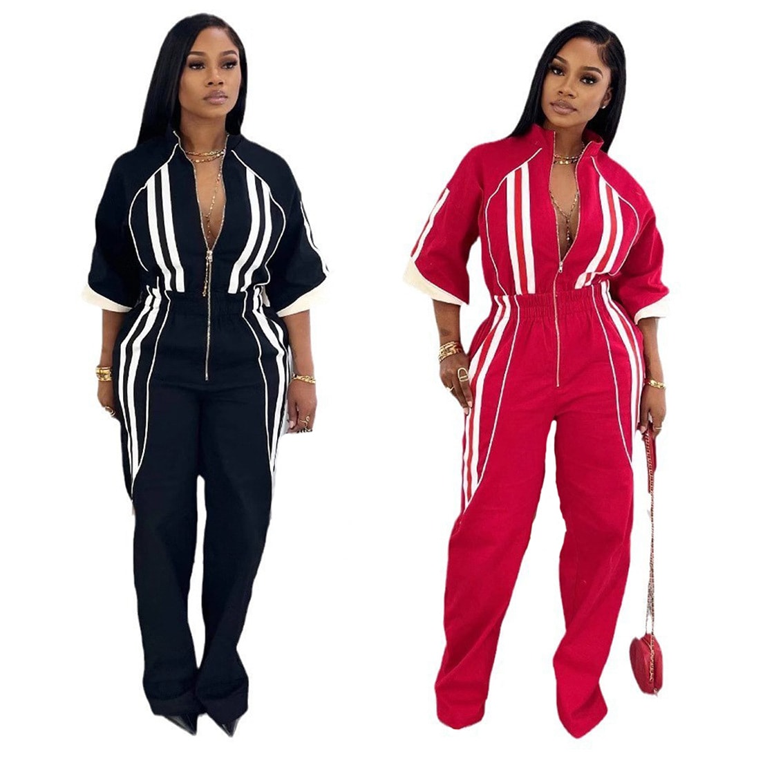Stand Collar 7-point Sleeve Drop-shoulder Waist Long Zipper One-piece Trousers