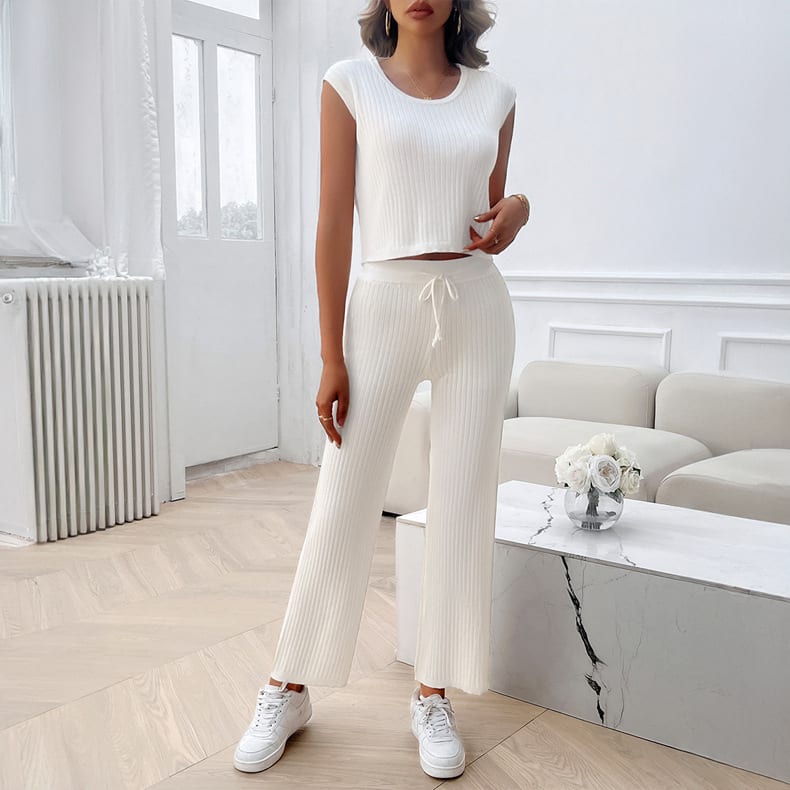 Casual Slim-fit Solid Color Woolen Sleeveless Bm Top Cropped Pants Set view 5