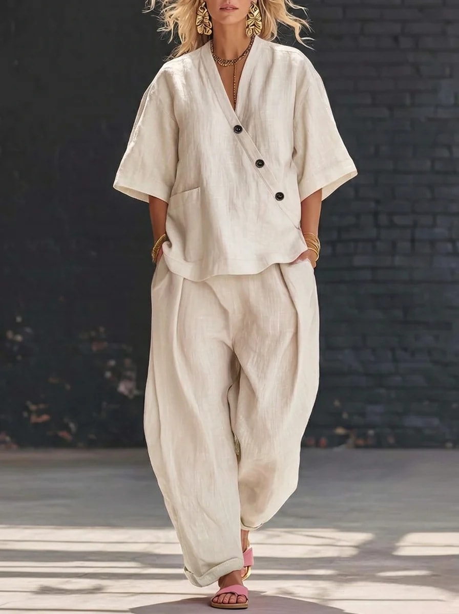 Summer Short-sleeved Suits Loose-fit V-neck Top And High-waist Trousers Women's Two-piece Set view 8