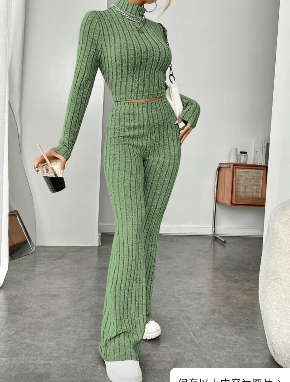 Long Sleeve Turtlenecks Wide Leg High Waist Trousers Suit view 6