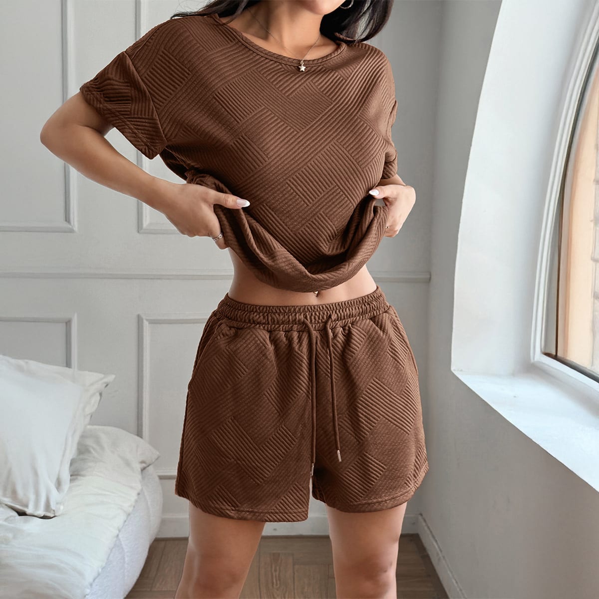 Y2g Sports Style Solid Color Short Sleeve Lace-up Shorts Suit Women's Clothing view 6