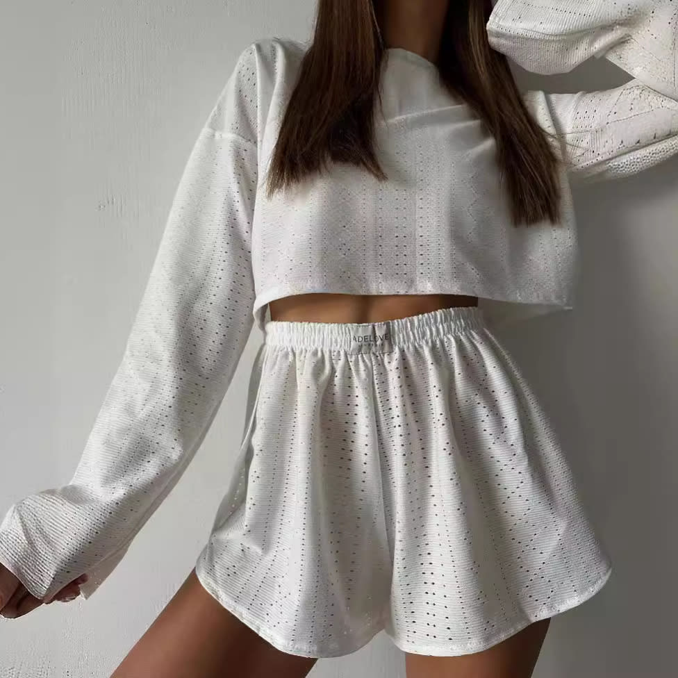 Hollow Long-sleeved Suit With Loose Round-neck Tops And Elastic Split Shorts Fashion Women's Clothing view 2
