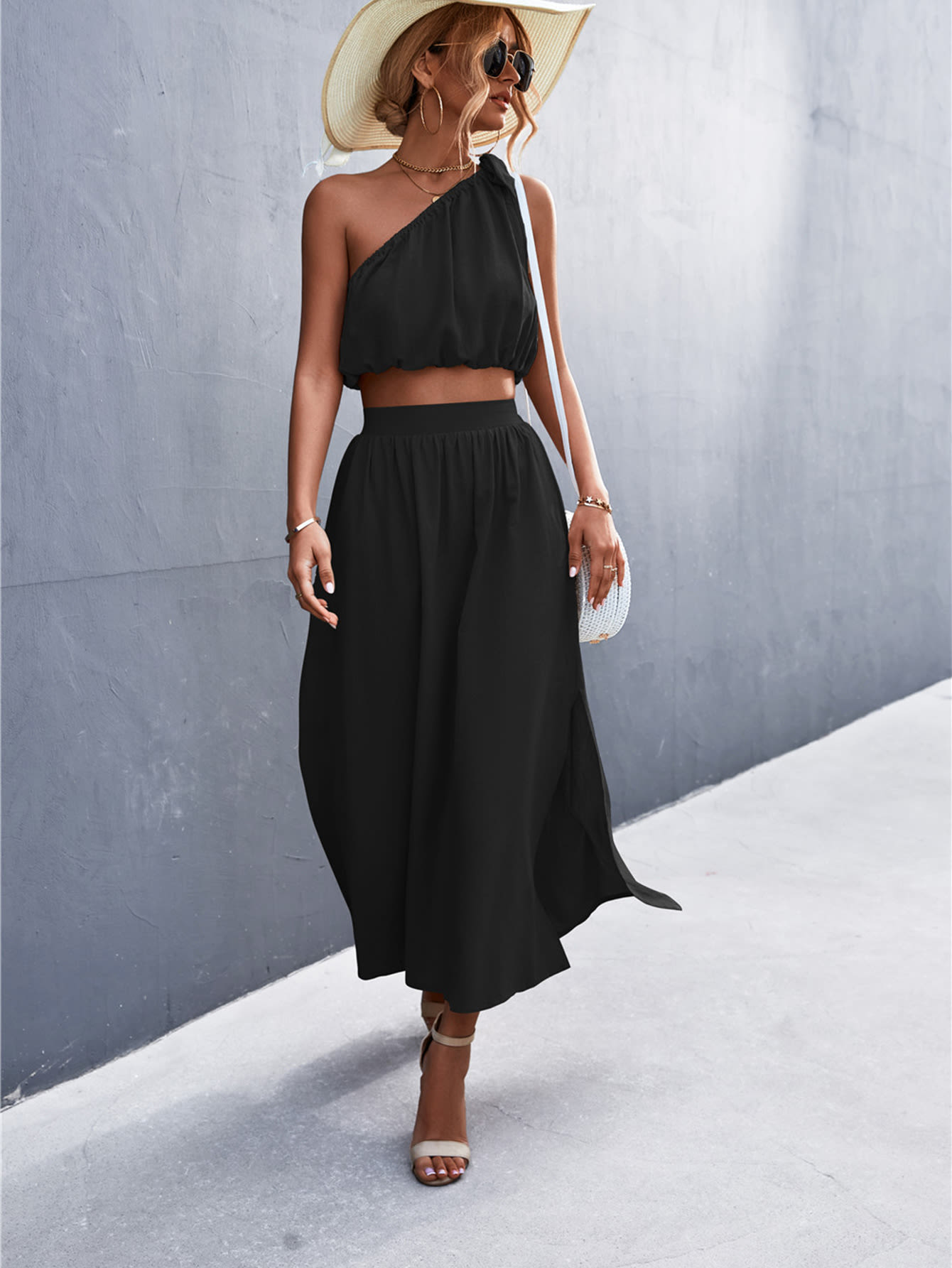 Sexy Oblique Shoulder Lace-up Vest Slit Midi Skirt Suit view 4