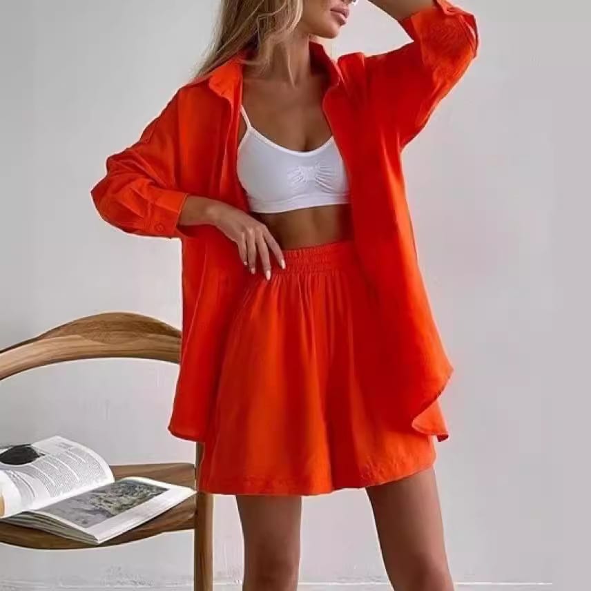 Single-breasted Long Sleeve Shirt Loose Casual Shorts Suit view 2