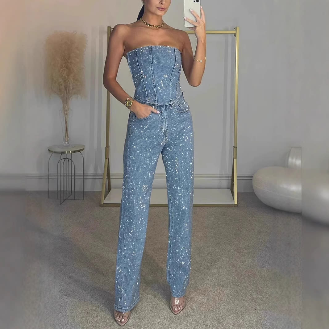 Sexy Off-the-shoulder Shiny Vest Diamond Trousers Suit view 4