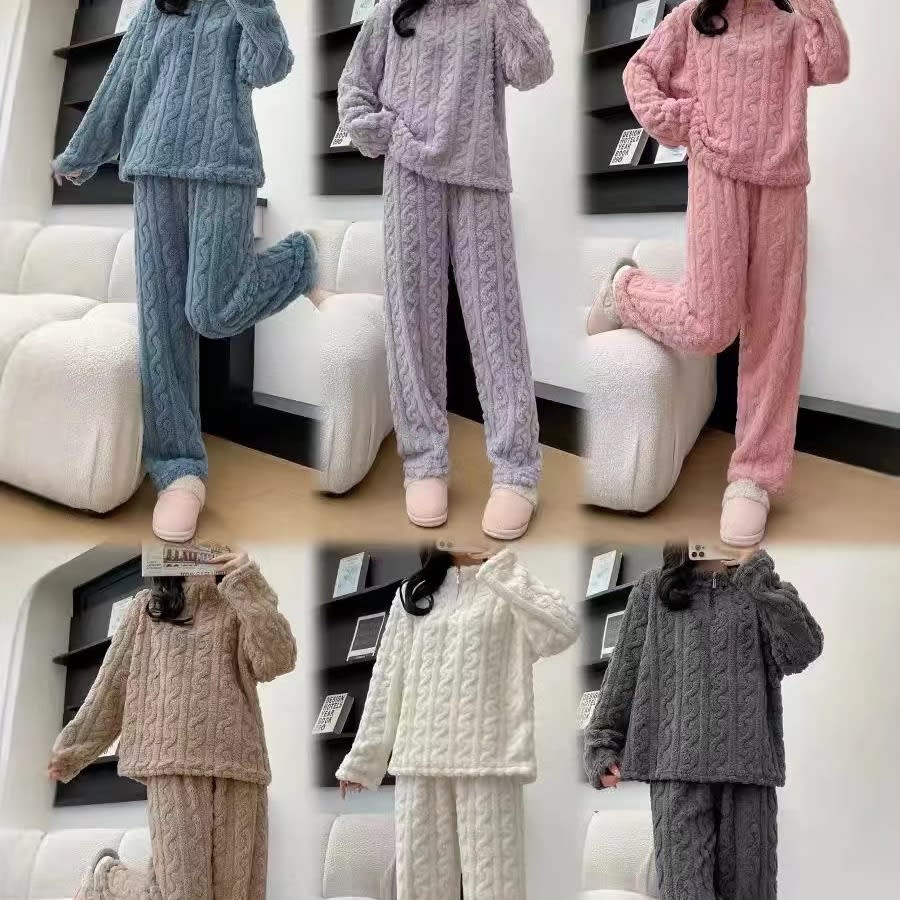 Autumn And Winter New Twist Zipper Couple Fleece-lined Thick Coral Fleece Pajamas Homewear Loungewear Sleepwear For Sleeping view 6