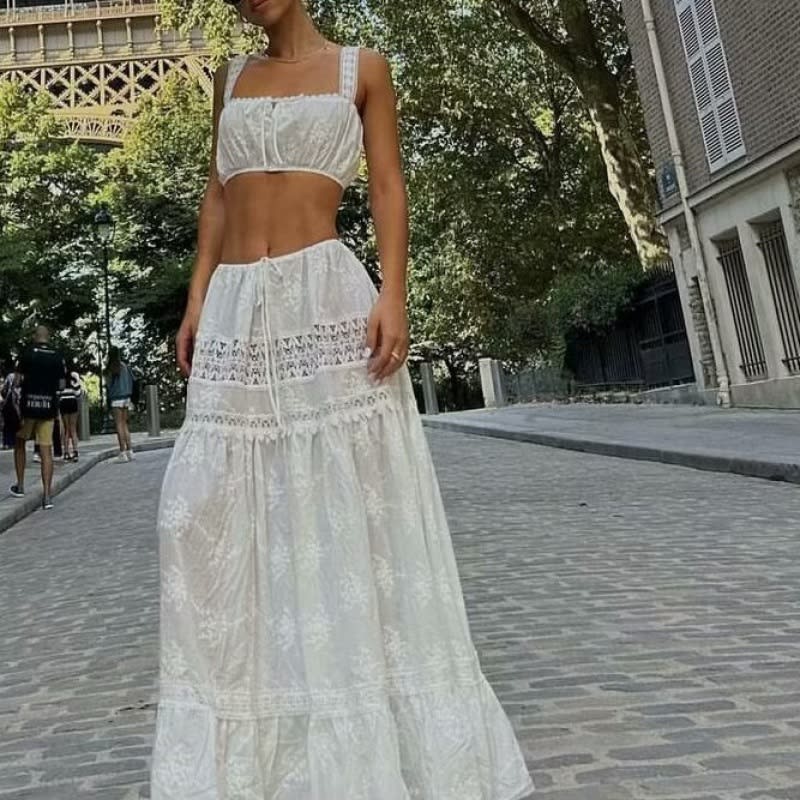 Off-neck Lace Short Small Top High Waist Drawstring Patchwork Long Dress view 3