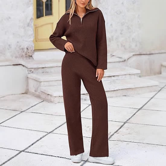 European And American Autumn And Winter Knitting Two-piece Set Casual And Comfortable Half-open Zipper And Lapel Sweater view 9