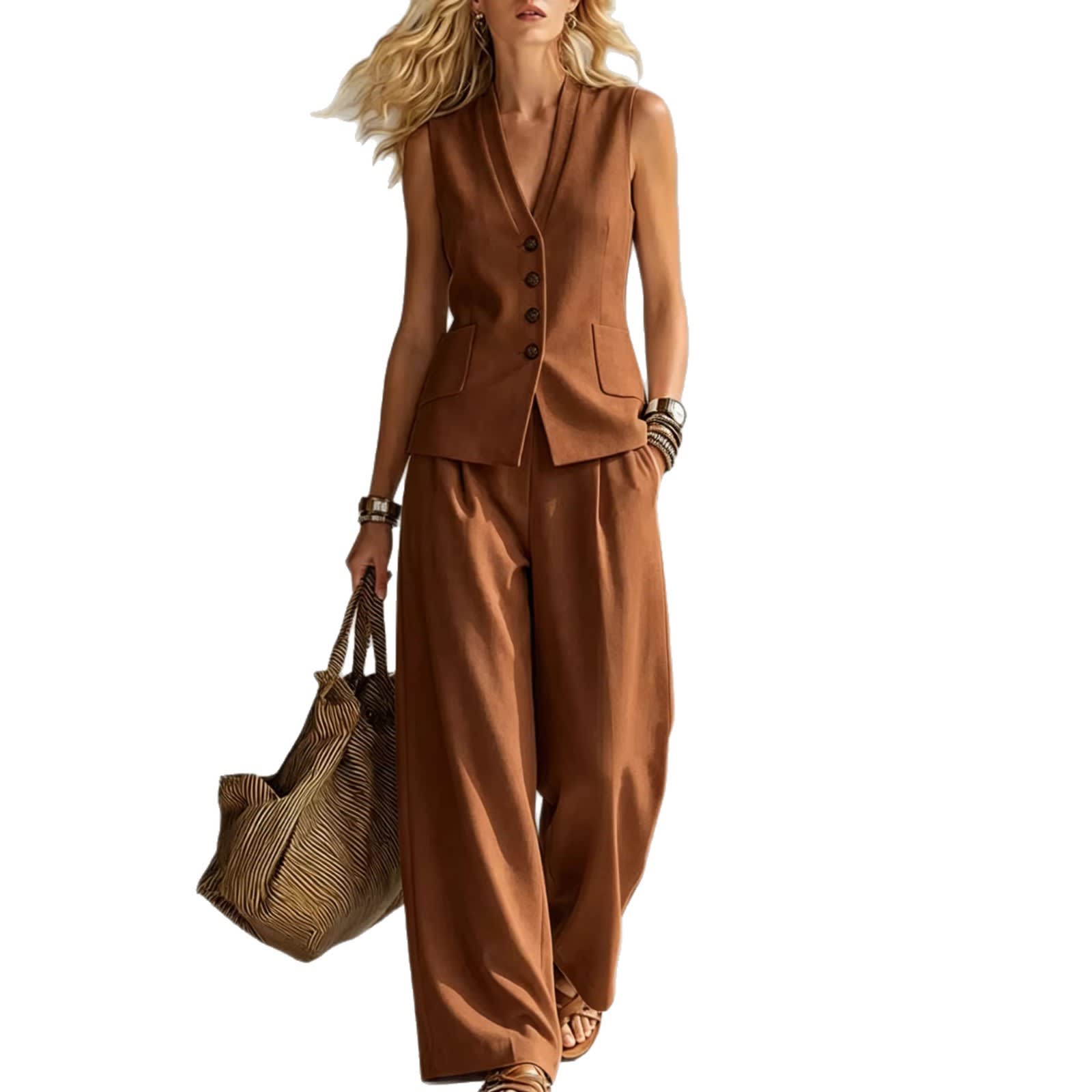 Two-piece V-Neck Sleeveless Vest And Wide Leg Pants For Women Summer Solid-Colored Sleeveless Casual Linen Tank Top And Pants Set view 10
