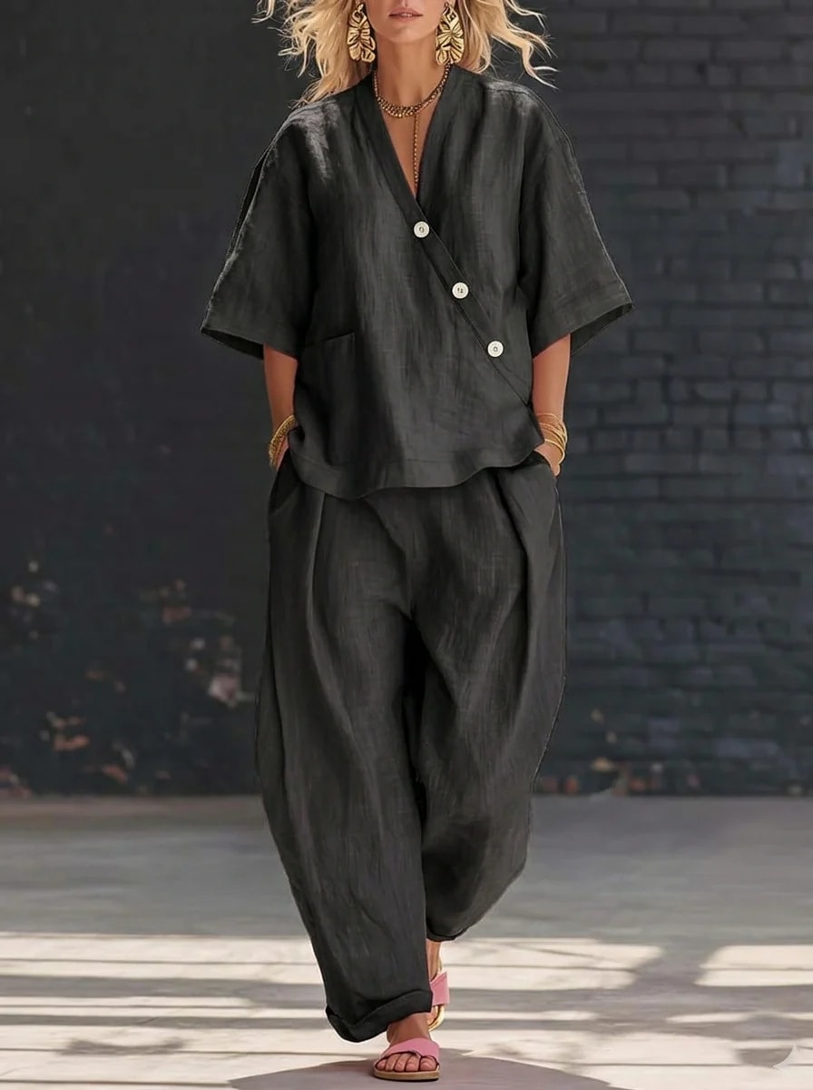 Summer Short-sleeved Suits Loose-fit V-neck Top And High-waist Trousers Women's Two-piece Set view 3