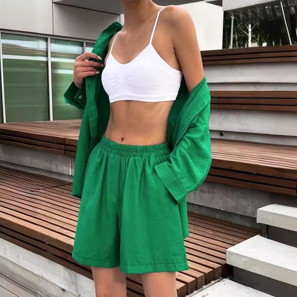 Single-breasted Long Sleeve Shirt Loose Casual Shorts Suit view 8