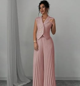 Summer Sleeveless Suit Fashion Lapel Button Vest Top And Pleated Straight Pants Women's Trousers Set Clothing view 4