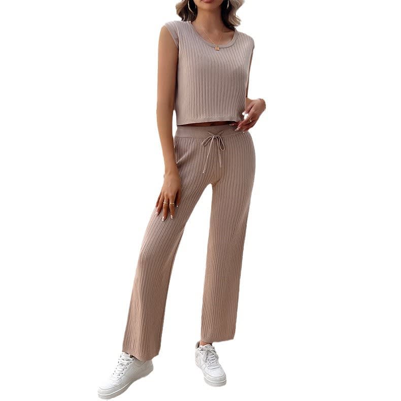 Casual Slim-fit Solid Color Woolen Sleeveless Bm Top Cropped Pants Set view 6