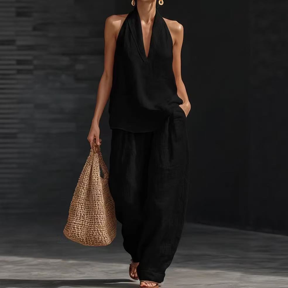 Summer Sleeveless Suits V-neck Halter Top And Wide-leg Pants Fashion Casual Straight Trousers Set view 3